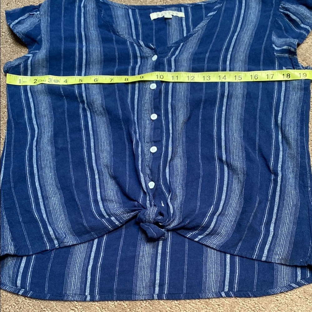 Harper Blue Flutter Sleeve Linen Blend Blouse with Tie Front Spring Summer - Picture 5 of 10